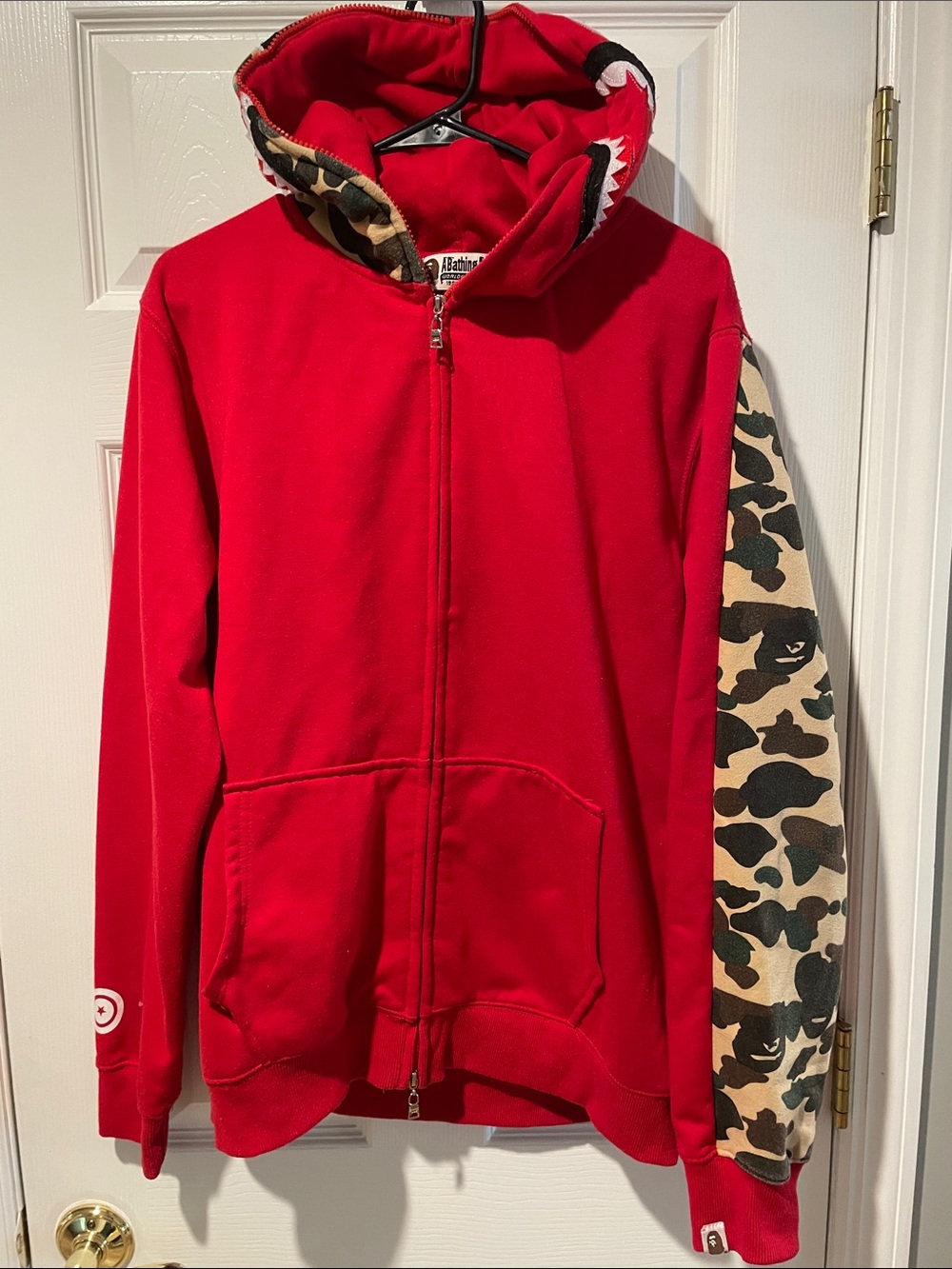 A Bathing Ape Red Kids Zip-Up Hoodie with Camo Sleeve